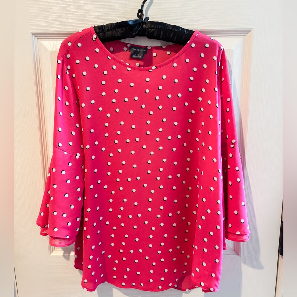 Van Heusen Pink Boxy 3/4 Sleeve Blouse Polka Dot Hot Pink Large